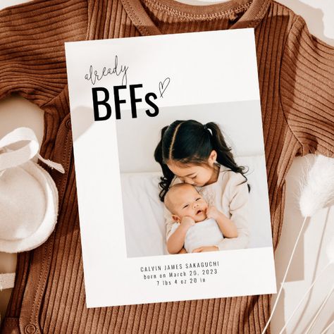 New Sibling Birth Announcement Card | BFFs - tap/click to personalize and buy  #birth #announcement #card, #newborn #photo Hospital Announcement Picture, Big Sister Baby Announcement, Hospital Announcement, Sibling Announcement, Birth Announcement Ideas, Birth Announcement Cards, Birth Announcement Photos, Milestone Birthday Party, Newborn Announcement