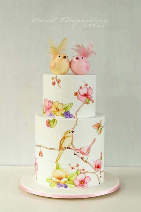 Bird Hand Painted Wedding Cake, Painted Wedding Cake, Sweet Disposition, Summer Wedding Cakes, Hand Painted Cakes, Bird Cakes, Tiered Cake, Wedding Cakes With Cupcakes, Painted Cakes