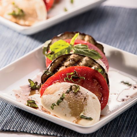 Grilled Eggplant Caprese Salad Recipe Eggplant Caprese, Basil Eggplant, Salad With Veggies, Homemade Balsamic Vinaigrette, Mayo Salad, Fourth Of July Recipes, Caprese Salad Recipe, Recipes For Spring, Tomato Cucumber Salad