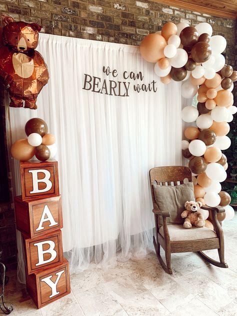 We can BEARLY wait gender reveal. Gender neutral. Cute theme. Photo back drop Bearly Wait Shower Decor, We Can Bearly Wait Photo Backdrop, Can't Bearly Wait Theme, Beary Excited Gender Reveal, We Can Barley Wait Baby Shower Theme, We Can Barely Wait Backdrop, Gender Reveal Ideas Gender Neutral, We Bearly Can Wait, We Can Bearly Wait Backdrop Ideas