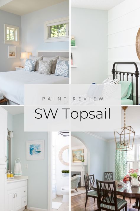 SW Topsail is the perfect light blue/gray paint color. It can create a modern coastal vibe or be perfect to just add a touch of blue to your home too. Take a look at our full paint review along with other beautiful images of how other designs incorporated it as well. Light Coastal Blue Paint Colors, Light Blue Paint Bathroom, Very Light Blue Paint, Behr Light Blue Green Paint Colors, Pale Blue Paint Colors Bedroom, Popular Light Blue Paint Colors, Sw Topsail Bathroom, Topsail Sherwin Williams Bathroom, Light Blue Room Paint