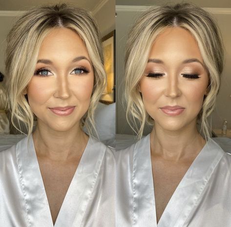 Bridal Makeup Blue Eyes Black Hair, Natural Elopement Makeup, Wedding Rehearsal Makeup, Make Up Looks Bridesmaids, Wedding Make Up Bridesmaid Natural Looks, Neutral Glam Makeup Wedding, Blonde Wedding Hair Updo Front View, Wedding Makeup Looks Blonde, Bridesmaid Makeup For Blondes