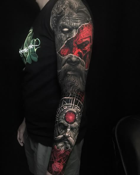 One Black And White Sleeve One Color Tattoo, Color Full Sleeve Tattoo, Arm Sleeve Tattoos Color, Red And Black Tattoo Sleeve, Japanese Realism Tattoo, Dark Cover Up Tattoos, Full Sleeve Tattoos For Guys, Geometric Tattoo Shoulder, Tato Realis