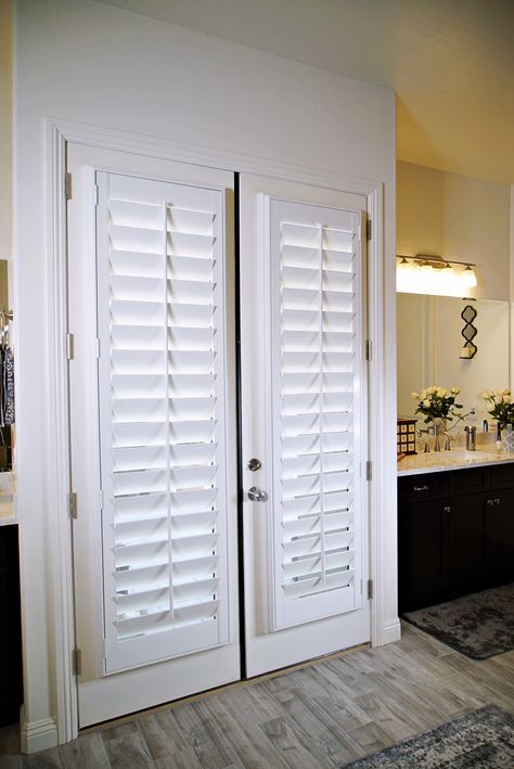 If you have french doors in your bathroom, you will want to reap the benefits from our moisture resistant Polywood Shutters backed by a  lifetime warranty, not only weathering humid extremities, but providing ultimate privacy...   #bathroomideas #frenchdoors #bathroomshutters #bathroomdecor French Door Privacy, French Door Window Coverings, French Door Shutters, French Door Coverings, French Doors Living Room, French Door Window Treatments, Blinds For French Doors, Patio Door Coverings, French Door Windows