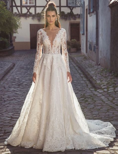 Rental Wedding Dresses, Boho Bridal Gowns, Long Sleeve Wedding Dress Lace, V Neck Wedding Dress, Stunning Wedding Dresses, Wedding Dress Fabrics, Lace Bridal Gown, A Line Wedding Dress, Sleeve Wedding Dress