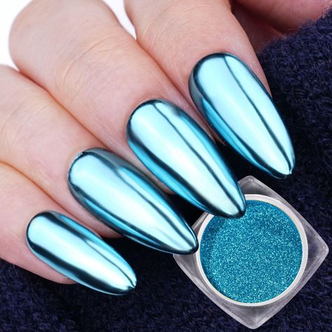 PRICES MAY VARY. 【Mirror Chrome Powder】：Cyan (Lake Blue)Chrome Nail Powder。 【Mirror Chrome Powder】：Item Weight 0.5g。 【Mirror Chrome Powder】：You’ll be able to apply a full manicure 10-12 times (about 120 nails)。 Warm Tip:The chrome nail powder is ultra-fine and easy to color;No matter how choose, you are unique. PrettyDiva Cyan Chrome Nail Powder Winter Holiday Chrome Nail Powder Metallic Powder - Valentine's Day Glitter 0.5g/Jar Blue Chrome Nail, Blue Chrome Nails, Chrome Nail Polish, Chrome Nails Designs, Chrome Nail Powder, Blue Chrome, Metallic Powder, Black Acrylic Nails, Chrome Nail