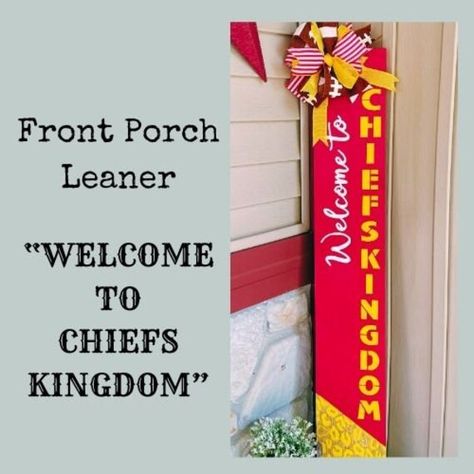 "This listing includes our handcrafted \"Welcome to Chiefs Kingdom\" wood front porch leaner! This porch leaner is great for rooting on your favorite team or a unique gift for that girly girl Chiefs fan! If you are interested in purchasing this sign, please read the following information: Details: -48 inches tall and 8 inches wide -Stained in Early American stain -Painted in premium exterior eggshell paint -Does not include vinyl  -Sealed for protection from elements -Bows are secured with industrial strength staples -Stained back for finished look -Does not include bow -Custom Chiefs leopard print    LEAD TIME & SHIPPING: Signs are made in the order they are received. Our current lead time is 7-10 days + transit time. Additional transit days may be required for UPS/USPS. Unfortunately, sh Chiefs Sign, Porch Leaner Sign, Front Porch Addition, Chiefs Kingdom, Porch Addition, Football Signs, Barn Wood Projects, Eggshell Paint, Sports Signs