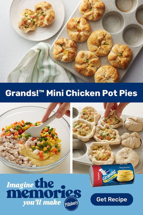 Pilsbury Recipes, Chicken Pot Pies, Pillsbury Grands, Mini Chicken Pot Pies, Pot Pies, Chicken Dishes Recipes, Make Memories, Chicken Pot, Chicken Pot Pie