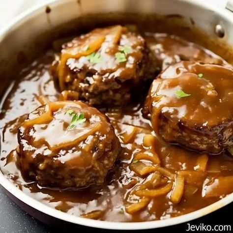 HAMBURGER STEAKS WITH BROWN GRAVY Hamburger Pattie’s With Brown Gravy, Hamburger Steaks With Brown Gravy, Hamburger Steak With Brown Gravy, Chopped Steak Recipes, Meatloaf Patties, Hamburger Steaks, Comfort Meals, Juicy Hamburgers, Chopped Steak