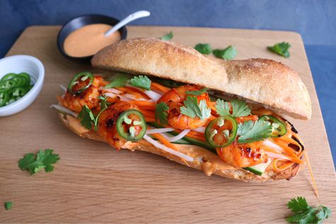 Shrimp Banh Mi Shrimp Banh Mi, Banh Mi Recipe, Bahn Mi, Banh Mi Sandwich, Spicy Aioli, Marinated Shrimp, Pickled Carrots, Grilled Sandwich, Banh Mi