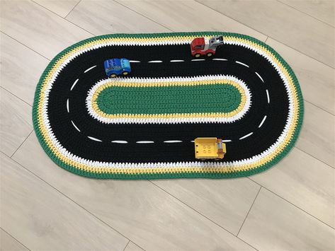 Cute Crochet Road Mat Is The Perfect Addition To Any Playroom Boy Rug, Carpet Nursery, Baby Haken, Toy Race Track, Boys Rug, Race Car Track, Leaf Blanket, Road Kids, Carpet Remnants