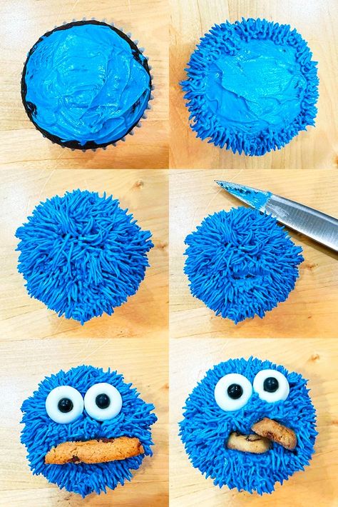 Sesame Street Cupcakes Ideas, Sesame St Cupcakes, Cookie Monster Popcorn Recipe, Elmo Food Ideas, Elmo Cupcake Cake, Cookie Monster Themed Birthday Party, Sesame Street Desserts, Abby Cadabby Cupcakes, Sesame Street Sugar Cookies