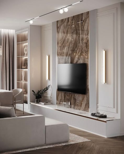 Neoclassic Living Room Design, Neoclassic Living Room, Neo Classic House, Pik 2, Led Unit, Backdrop Tv, Ruang Tv, Faux Stone Walls, Tv Stand Decor