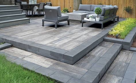 Stone Backyard, Stone Deck, Tiles Designs, Paver Designs, Raised Patio, Exterior Wall Tiles, Patio Pavers Design, Wall Decoration Ideas, Paved Patio