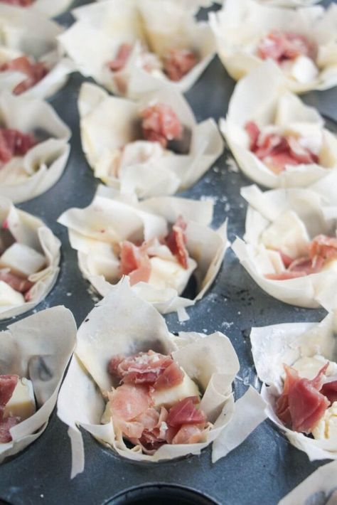 Easy Brie, Cranberry & Prosciutto Filo Bites - Dished by Kate Cranberry Brie Phyllo Cups, Phyllo Dough Brie Cranberry, Cranberry Brie Bites Wonton, Filo Brie Cranberry, Brie Cranberry Appetizer Phyllo, Brie Bites, Filo Pastry, Tamarind Chutney, Cranberry Cheese