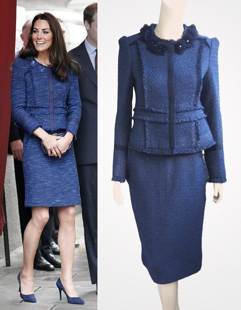 Navy tweed boucle suit with fringe trim inspired by Duchess Kate Middleton Chanel Jacket Trims, Chanel Office, Tweed Suit Women, Tweed Boucle Jacket, Tweed Jacket And Skirt, Kate Middleton Style Outfits, Tweed Fashion, Chanel Jackets, Wife Style