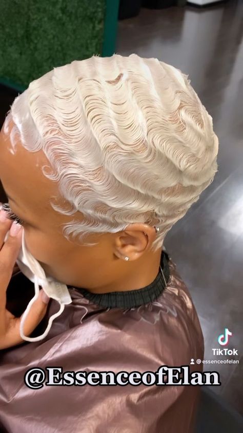 Platinum Blonde Finger Waves Black Women, Platinum Blonde Short Hair, Natural Haircuts For Black Women, White Hairstyles, Platinum Pixie Cut, Short Bleached Hair, Short Platinum Blonde Hair, Finger Waves Short Hair, Platinum Blonde Pixie