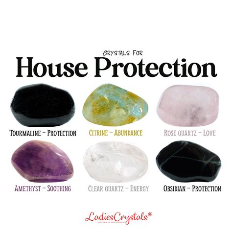 This is a house protection crystal set of 6 crystals. It includes black tourmaline, citrine, rose quartz, amethyst, clear quartz and obsidian carefully selected to complement each other and to protect your home. A great gift to give for birthdays, graduations, or starting on a new journey! The house protection set includes: ☆ 6 crystals are listed above with sizes 2 - 2,5 cm. ☆ Information glossy card with the properties of crystals. ☆ Velvet bag for your stones. ☆ Gift card (optional). ☆ Everything is packed in a small elegant box with a ribbon ready to be given as a gift. ☆ CRYSTALS PROPERTIES ☆ Black tourmaline - Protection Citrine - Abundance Rose quartz - Love Amethyst - Soothing Clear quartz - Energy Obsidian - Protection ☆ HOW TO USE ☆ You can use the crystals in whatever way works Crystals Properties, Home Crystals, House Protection, Gemstones Chart, Crystal Healing Chart, Housewarming Gift Ideas, Crystals Healing Properties, Spiritual Crystals, Protection Crystals