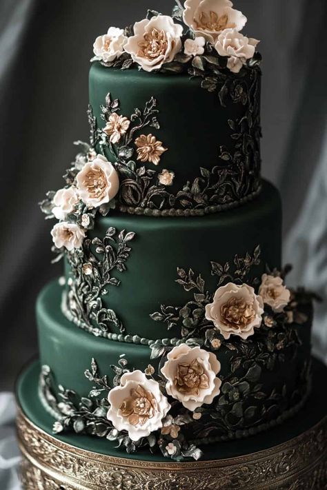 Dark Romantic Wedding green Eagles Wedding Cake, Green And Gold Forest Wedding, Fairytale Wedding Dessert Table, Forest Green And Dark Red Wedding, Dark Green Theme Wedding, Dark Forest Green Wedding Theme, Forest Fairy Wedding Cake, Forest Green Country Wedding, Throne Of Glass Wedding Theme