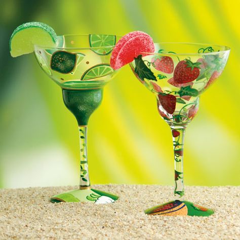 New Lolita Margarita Glasses   #shopkick #summerparty Margarita Martini, Tropical Gifts, Margarita Glasses, Glasses Fit, Hand Painted Wine Glasses, Painted Glasses, Painting Glassware, Painted Wine Glasses, Rock Painting Designs