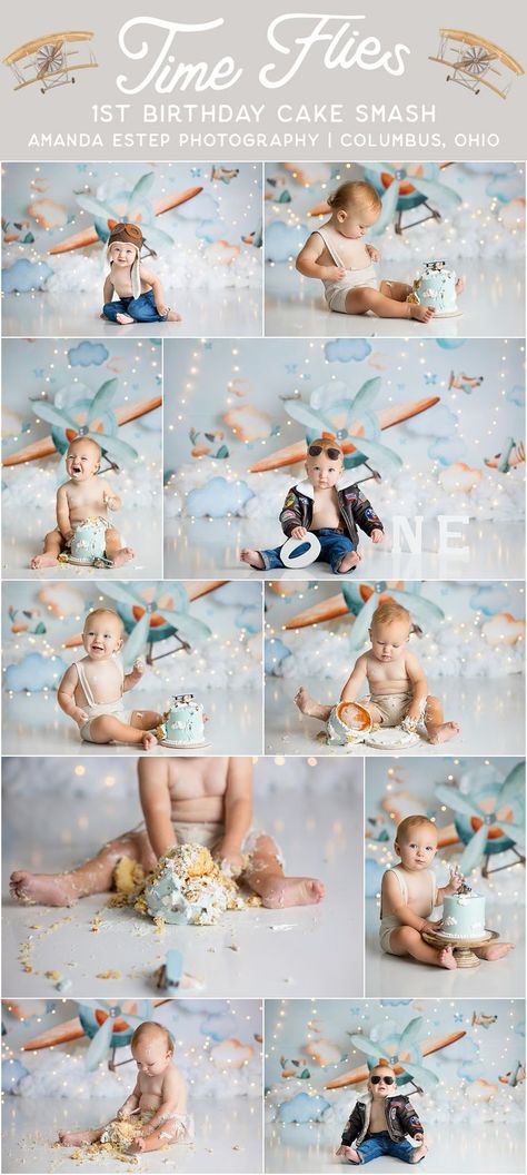 A vintage style Time Flies baby boy cake smash session. Baby boy in tan linen shorts and suspenders with sky, clouds, and vintage airplane backdrop and smashing a matching cake. Time Flies Cake, Time Flies First Birthday, First Birthday Baby Boy, Baby Boy Cake Smash, 1st Birthday Boy Themes, Time Flies Birthday, Boy Cake Smash, Birthday Baby Boy, Cake Smash Inspiration