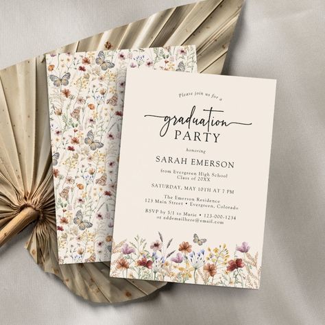 Boho Floral Graduation Invitation  Zazzle Classy Graduation Party Decorations, Senior Invitation Ideas, Wildflower Graduation Party, Grad Brunch, Graduation Tea, Grad Invites, Boho Graduation, Grad Party Theme, Graduation Invites