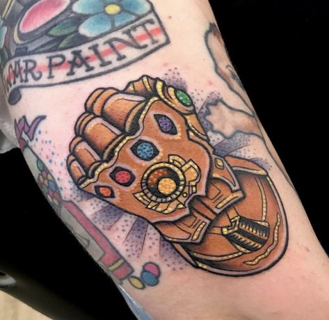 Infinity Gauntlet Tattoo. Infinity Stones Tattoo, Infinity Gauntlet Tattoo, Gauntlet Tattoo, Skulls Tattoo, Avengers Tattoo, Purple Tattoos, Stone Tattoo, Green Tattoos, Infinity Gauntlet