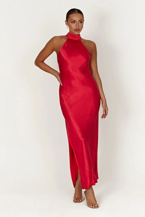 Red Dresses for Women - Shop Online | MESHKI US A Line Red Dress, Beige Dress Formal, Red Halter Dress, Wedding Guest Accessories, Dress With Split, Statement Accessories, Beige Dresses, Basic Dress, Hoco Dresses