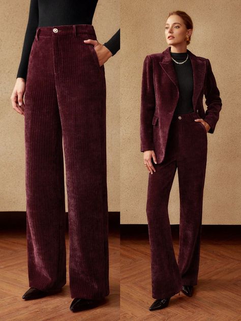 Curdory Pants Outfit, Bordeaux Outfit, Postpartum Style, Slacks Outfit, Burgundy Weave, Corduroy Suit, Postpartum Fashion, Office Fits, Burgundy Pants