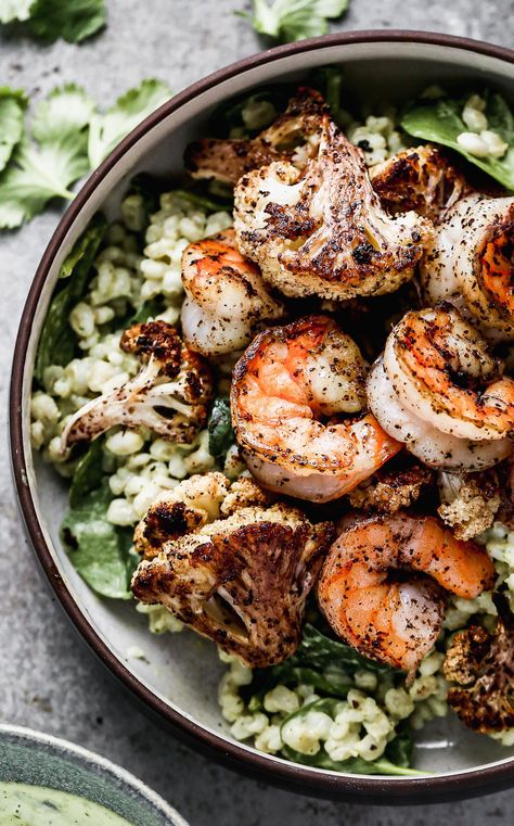 Tahini Shrimp Bowls - Cooking for Keeps Tahini Shrimp, Green Tahini Sauce, Shrimp Bowls, Green Tahini, For Keeps, Favorite Recipes Dinner, Toasted Pine Nuts, Tahini Sauce, Seafood Dinner