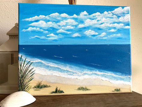 Easy Horizontal Paintings, Easy Landscape Paintings, Seaside Paintings, Horizontal Painting, Easy Canvas, Easy Canvas Art, Unique Beach, Acrylic Painting For Beginners, Blue Beach