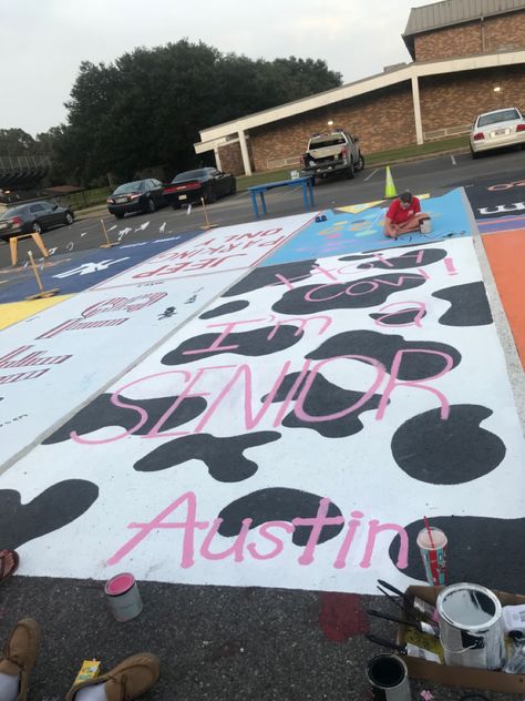 Cow Parking Spot Painting, Parking Spot Painting Country, Cow Print Parking Spot, Senior Parking Spaces Country, Western Senior Parking Spot Ideas, Senior Parking Space Ideas Country, Western Parking Spot Painting, High School Parking Spot Painting Ideas, Funny Senior Parking Spaces