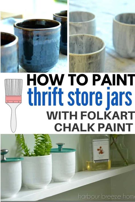 Bathroom Storage Jars, Mason Jar Lids Crafts, Jar Lid Crafts, Diy Thrift Store Crafts, Diy Paint Projects, Ceramics Pottery Mugs, Brown Mugs, Using Chalk Paint, Thrift Store Crafts