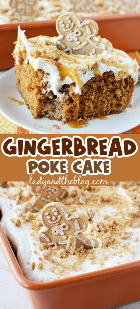 Looking for a quick gingerbread cake mix hack? This Gingerbread poke cake starts off with store-bought cake mix and ends up as a delicious and sweet dessert idea that will wow the crowd. Recipes That Use Cake Mix Desserts, King Cake Poke Cake, Spice Cake Poke Cake, Store Cake Hack, Homemade Gingerbread Cake, Holiday Poke Cakes, Gingerbread Poke Cake, Gingerbread Sheet Cake, Easy Christmas Cakes Ideas