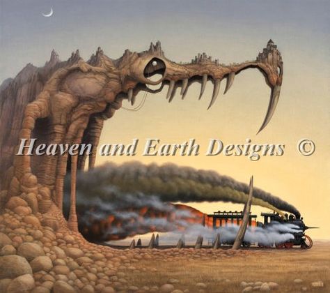 Dragons Pleasures - Click Image to Close Jacek Yerka, Fantasy Cross Stitch, Earth Design, Virtual Museum, Pop Surrealism, Cross Stitch Art, Heaven On Earth, Surreal Art, Printmaking