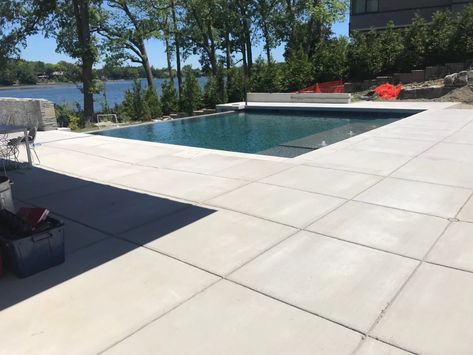 Grey Pool Deck, Exposed Aggregate Pool, Concrete Pool Deck Ideas, Grey Pool, Brushed Concrete, Concrete Pool Deck, Pool Makeover, Pool Decking, Exposed Aggregate