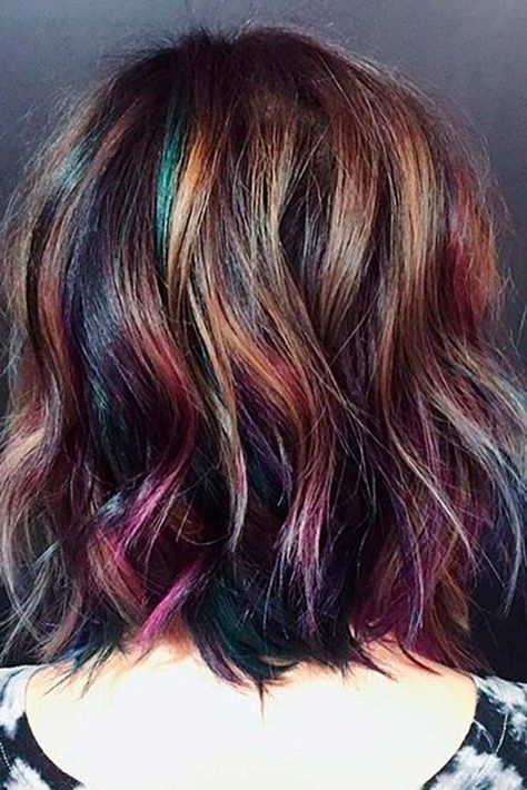 Colorful Locs for Upgrade Hairstyles picture2 Rainbow Hair Color Ideas, Oil Slick Hair, Messy Bob Hairstyles, Rainbow Hair Color, Brunette Hair With Highlights, Layered Hairstyles, Ombre Hair Color, Colored Hair, Brunette Girl