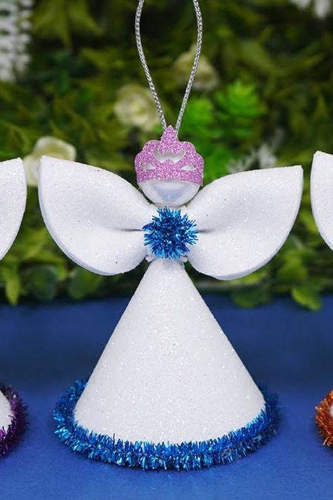 Diy Angels Crafts How To Make, Paper Angel Ornaments, Angel Ornaments Christmas, Christmas Angels Diy, Angel Ornaments Diy, Diy Christmas Angel Ornaments, Foam Christmas Ornaments, Christmas Angel Crafts, Diy Angels