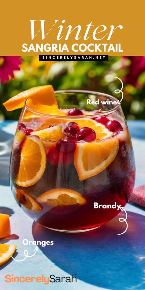 Get into the holiday spirit with a Winter Sangria Cocktail! 🍷🎄 This cocktail is a festive blend of winter fruits, rich red wine, and warm spices that will keep you cozy all season long. Whether you're hosting a holiday party or just relaxing by the fireplace, this Winter Sangria Cocktail is the perfect drink to set the mood. Enjoy the taste of the season with this delicious and easy-to-make cocktail recipe. Winter Sangria Recipes, Mint Chocolate Chip Cupcakes, Christmas Sangria Recipes, Caramel Apple Sangria, Winter Fruits, Winter Sangria, Tequila Sunrise Cocktail, Banana Chia Pudding, Sangria Cocktail