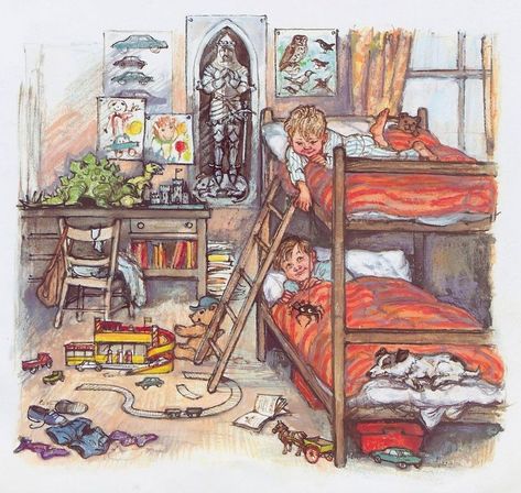 Bunk Bed Drawing, Bunk Bed Illustration, Animals In Bed Illustration, Kids Making Bed Clipart, Sleeping In Bed Illustration, Bed Illustration, Shirley Hughes, Kids Story, Storybook Art