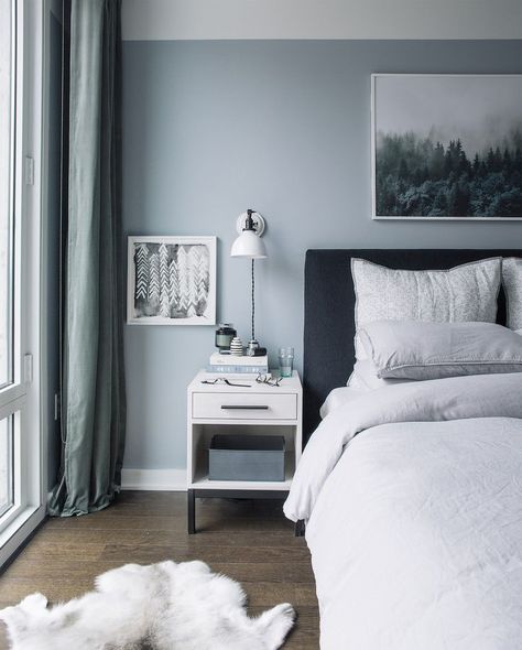 A light gray-blue paint color is an easy way to mimic the sky and is an encouraging color to use in a space. Light Blue Grey Paint, Light Blue Bedroom, Blue Gray Bedroom, Grey Bedroom Design, Best Bedroom Colors, Dream Bedrooms, Grey Bedroom Decor, Blue Gray Paint, Blue Bedroom Decor