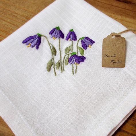 Crocus spring flowers hand embroidered napkin/hankie, on Cotton Irish Linen Chinese Queen, Napkin Ideas, Flower Hand Embroidery, Flower Cottage, Textiles Art, Embroidered Handkerchief, Vintage Hankies, Sewing Project Ideas, Embroidered Napkins