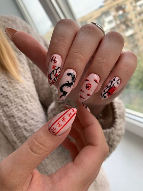 Japan Nail, Dragon Nails, Animal Nail Art, Anime Nails, Edgy Nails, Grunge Nails, Animal Nails, Kawaii Nails, Fire Nails