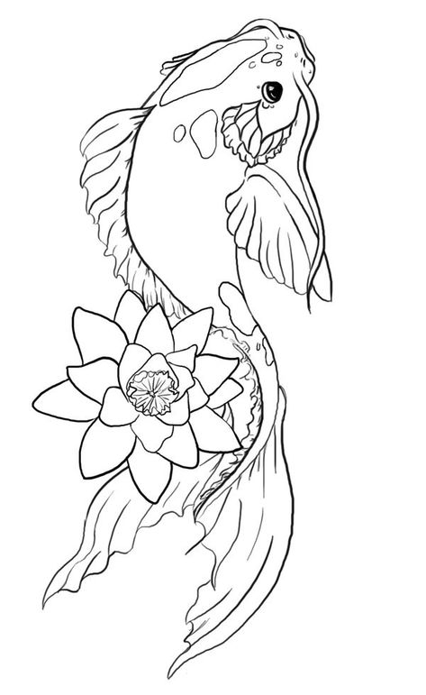 Lovely outline koi fish tattoo design and flower by Mercy Murrain Coy Fish Drawing Simple, Koi Fish Drawing Tattoo, Koi Fish Illustration, Koi Fish Colors, Karp Koi, Tato Ikan Koi, Fish Outline, Fish Sketch, Coy Fish