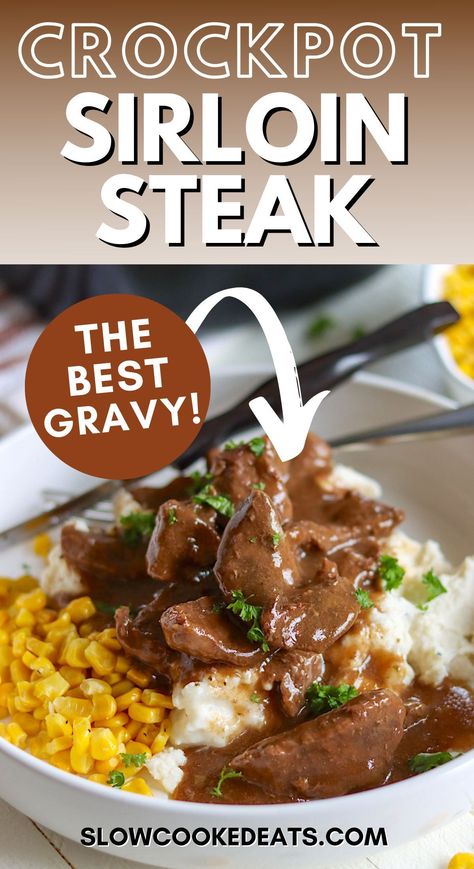 If you're looking for an easy, delicious beef recipe for dinner, you can't go wrong with Crock Pot Sirloin Steak with Gravy. This comfort food favorite is made with just five simple ingredients and is ready in no time. Plus, it cooks low and slow in a crock pot for a perfect, tender and juicy steak! The perfect busy weeknight dinner idea! Crockpot Steak And Gravy Slow Cooker, Crockpot Recipes For Steak, Tenderized Sirloin Steak Recipes, Slow Cooker Sirloin Steak And Gravy, Sirloin Steak Dinner Ideas Crockpot, Sirloin Steak Crock Pot Recipes, Slow Cooker Sirloin Steak Recipes, Crock Pot Top Sirloin Steak, Sirloin Steak Crockpot Recipes Easy