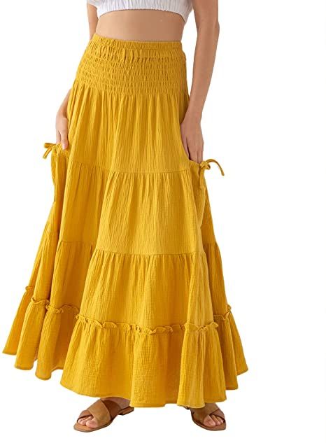 Amazhiyu Womens Maxi Boho Skirt Summer Flowy Renaissance Skirt with Pockets Yellow, Small at Amazon Women’s Clothing store Long Pleated Skirts, Yellow Maxi Skirts, Gauze Skirts, Linen Drawstring Pants, Yellow Maxi, Maxi Skirt Boho, Boho Skirt, Pleated Long Skirt, Yellow Skirt