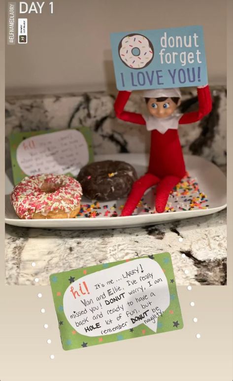 Donut Worry Elf On The Shelf, Donut Worry Im Back Elf, Elf Donut Ideas, Elf On The Shelf Donut Ideas, Elf On The Shelf Donut, Elfs Ideas, Donut Signs, Elf Me, Awesome Elf On The Shelf Ideas