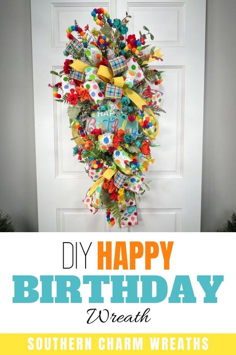 Create this DIY happy birthday wreath to celebrate someone’s special day! Nothing is more festive than this design filled with polka dots, vibrant colors, and whimsical accents. Happy Birthday Wreath Diy, Diy Birthday Wreath, Birthday Wreath Diy, Birthday Wreaths, Happy Birthday Wreath, Grave Arrangements, Wreath Making Business, Happy Birthday Floral, Birthday Wreath