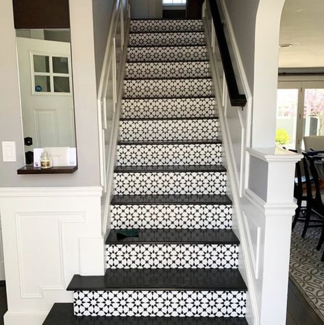 30 Amazing Stair Riser Ideas For A Beautiful Home Tiled Stair Risers, Stair Riser Ideas, Tiles For Stairs, Yellow Stairs, Multi Color Tile, Black Staircase, Wood Stair Treads, Tiled Staircase, Staircase Runner