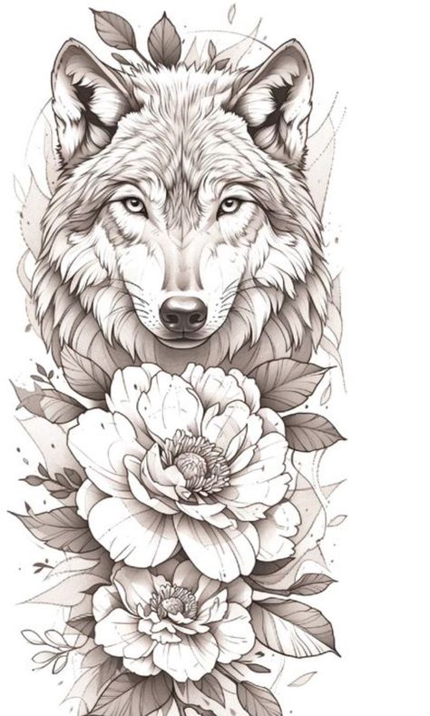 Wolf And Flowers Tattoo, Insects Reference, Stencil Outline, Flower Tattoo Drawings, Tattoos Women, Leg Tattoos Women, Fox Tattoo, Tattoo Stencil Outline, Tattoo Stencil